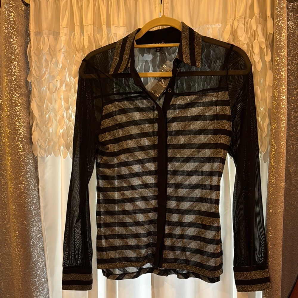 Black and silver Striped Sheer button down shirt